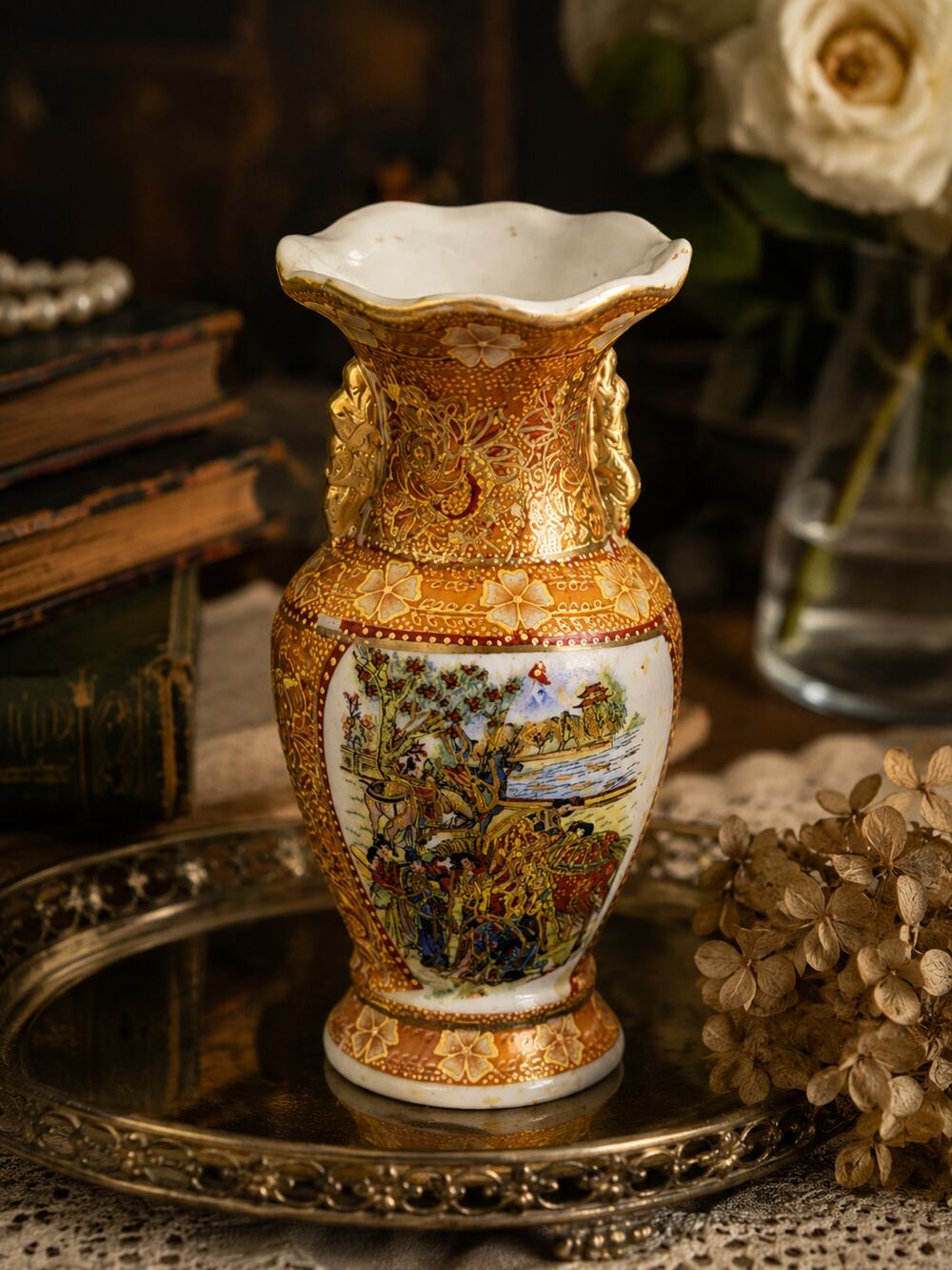 Vintage Japanese Satsuma Style Miniature Gold Gilt Vase